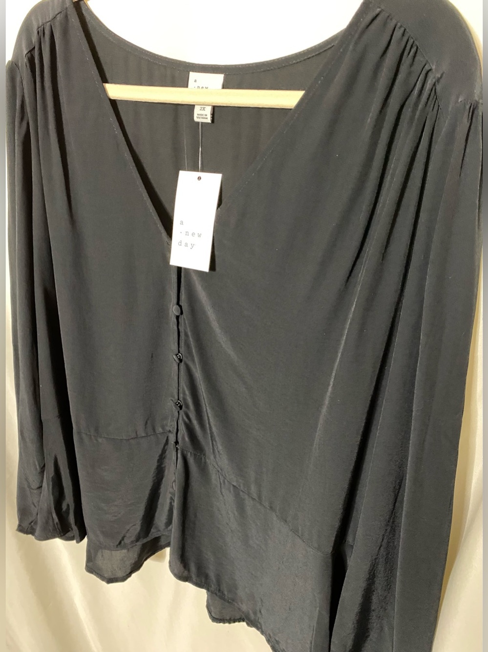 NWT A New Day Plus Size Black Button Down V-neck Blouse w/ Shoulder Pleating